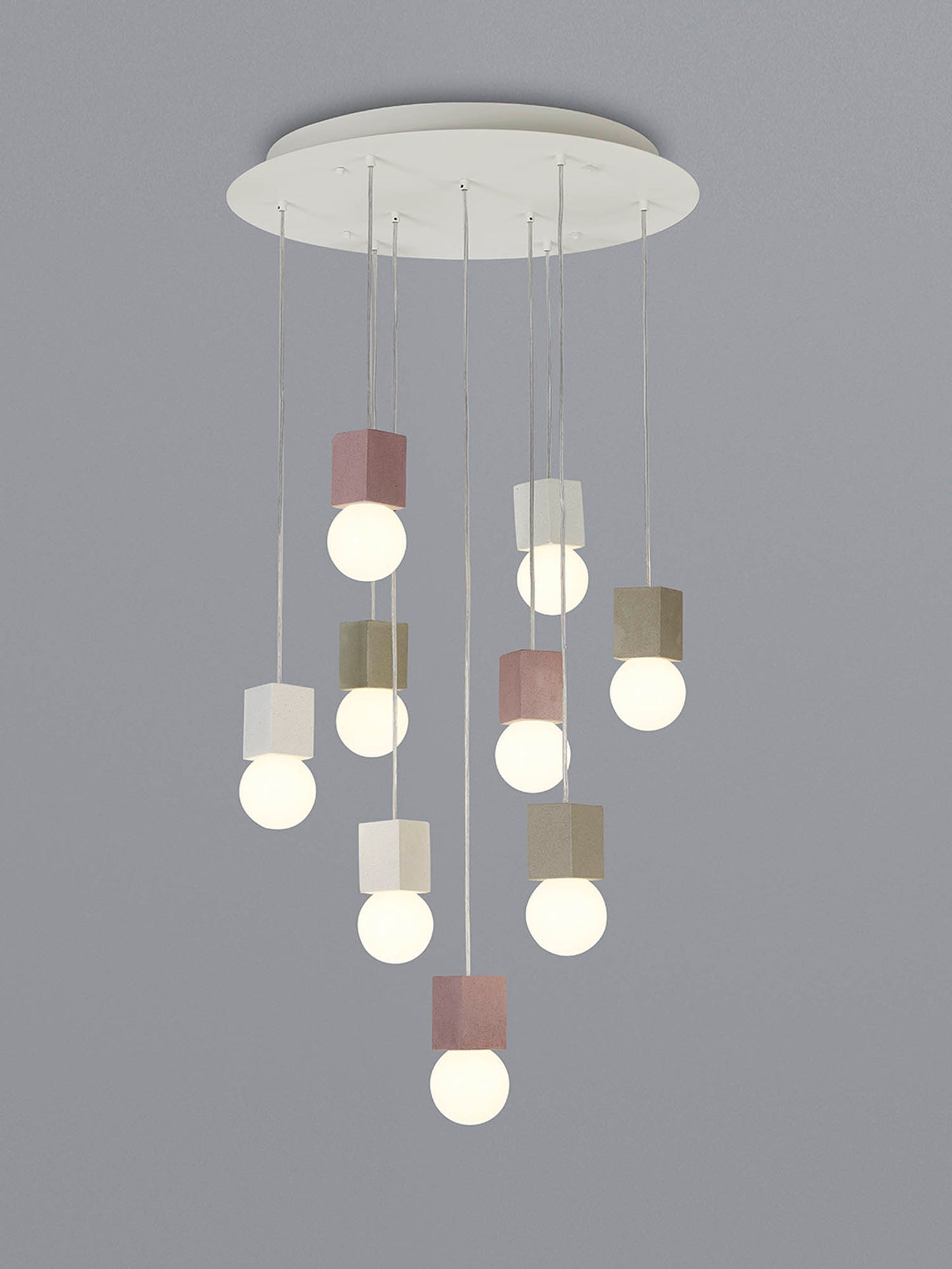 Galaxia Pendant Square, 9 Light E27, White / Grey / Red Cement, White Base & Cable by Mantra