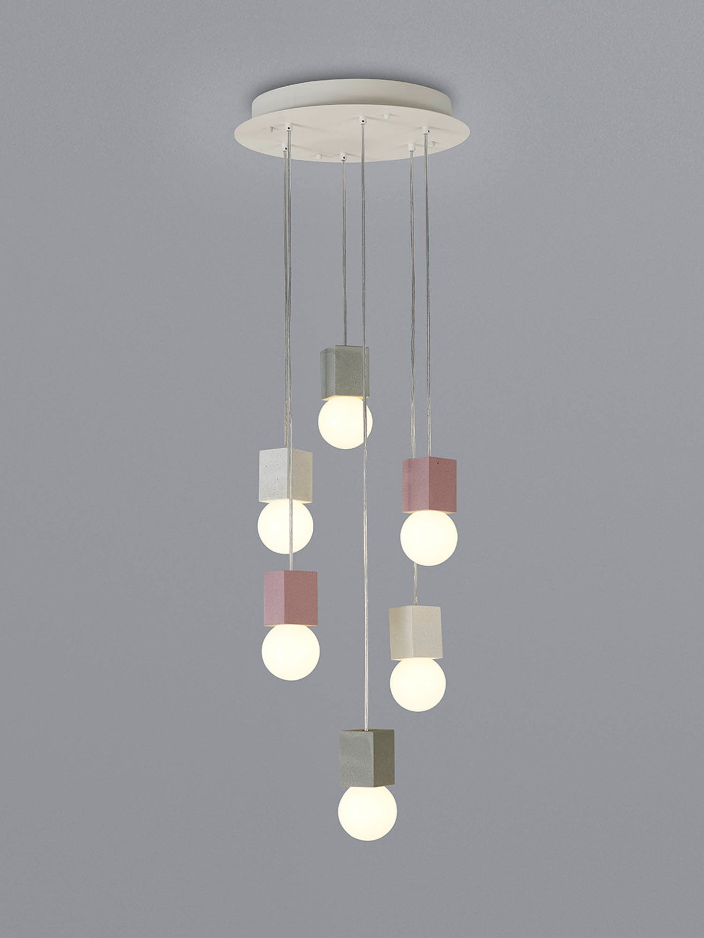 Galaxia Pendant Square, 6 Light E27, White / Grey / Red Cement, White Base & Cable by Mantra