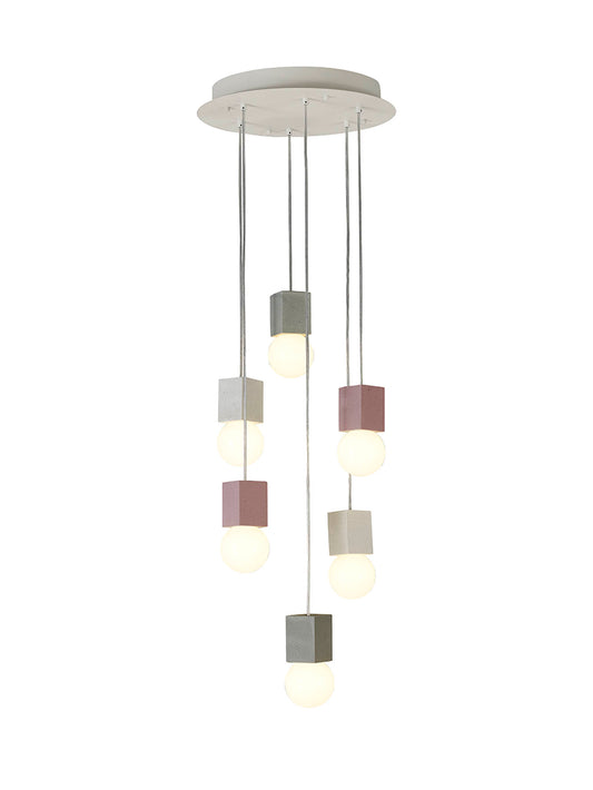 Galaxia Pendant Square, 6 Light E27, White / Grey / Red Cement, White Base & Cable by Mantra