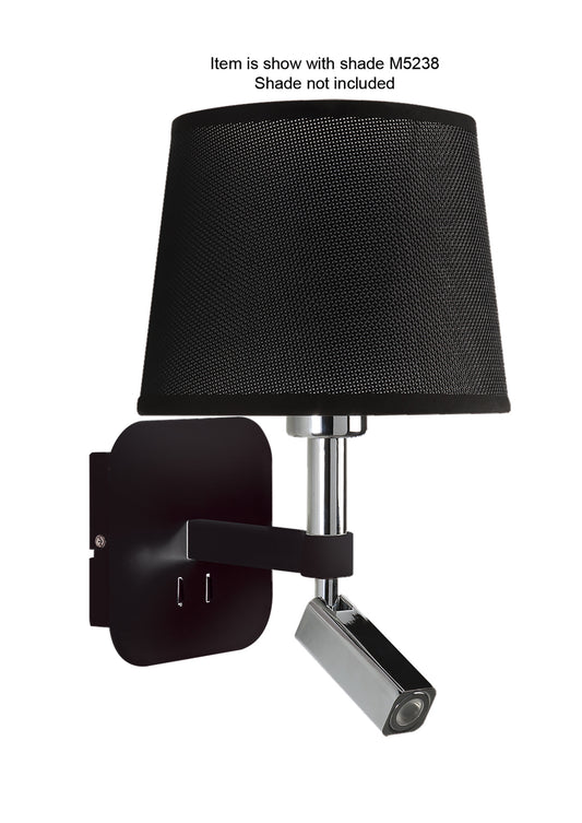 Habana Switched Wall Lamp 1 Light WITHOUT SHADE E27 + Reading Light 3W LED Black/Polished Chrome 4000K, 200lm, 3yrs Warranty by Mantra