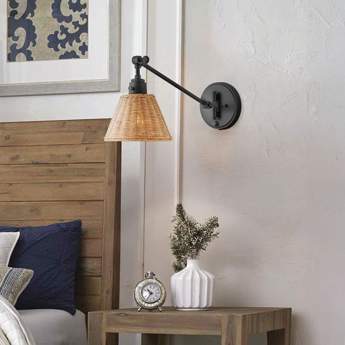 Arti 1 lt Wall Light - Black, Natural Rattan Shade