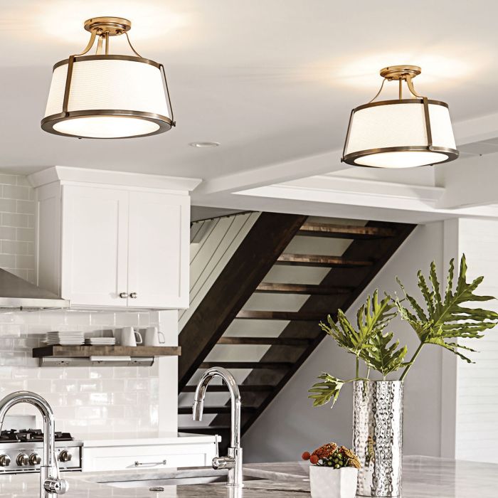 Charlotte 3 Light Semi-Flush - Brushed Caramel, Linen Shade