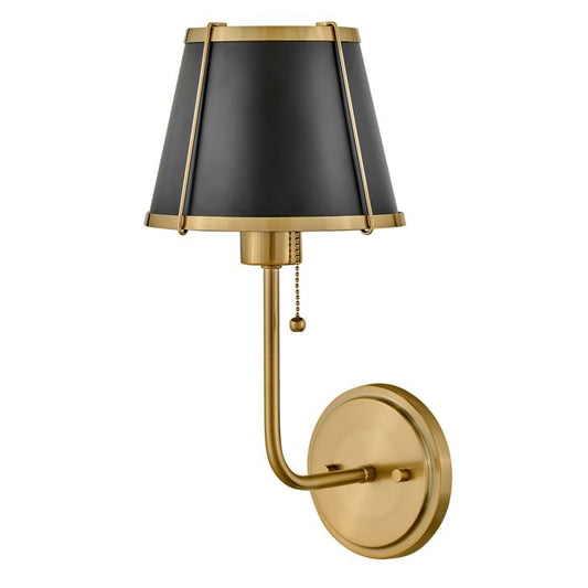 Clarke 1 lt Wall Light with Pull switch - Warm Brass & Black Metal Shade