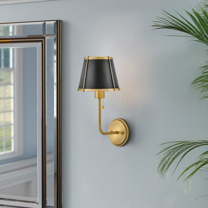 Clarke 1 lt Wall Light with Pull switch - Warm Brass & Black Metal Shade
