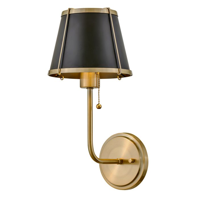 Clarke 1 lt Wall Light with Pull switch - Warm Brass & Black Metal Shade