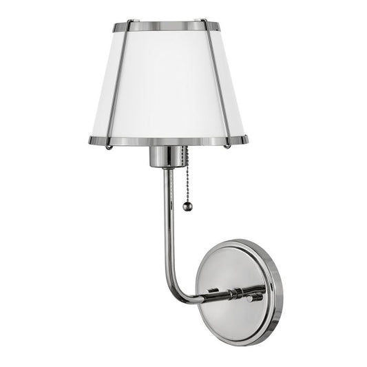 Clarke 1 lt Wall Light with Pull switch - Polished Nickel & White Metal Shade