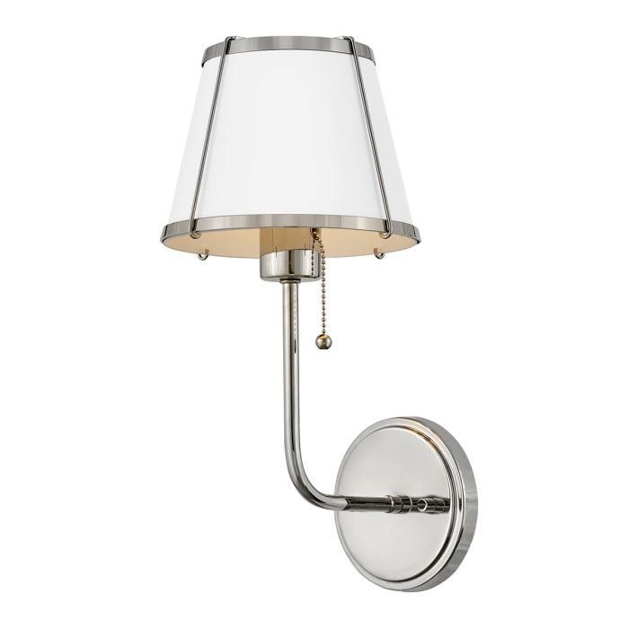 Clarke 1 lt Wall Light with Pull switch - Polished Nickel & White Metal Shade
