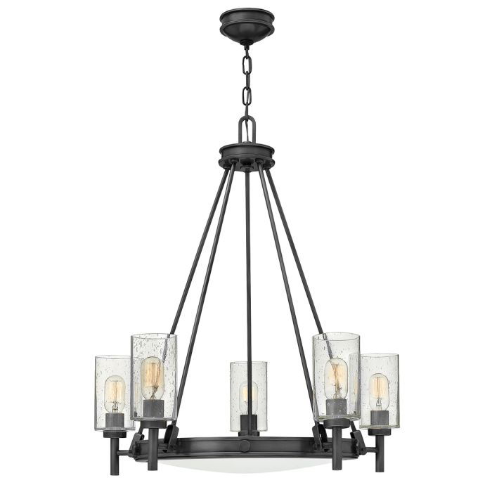 Collier 5 lt Chandelier with clear Seeded glass on arms and off-white centre glass - Black Oxide