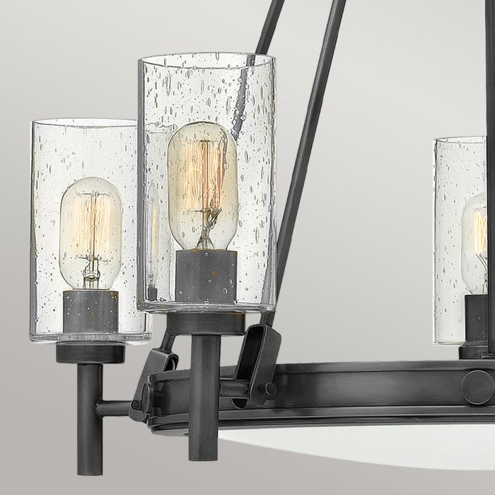 Collier 5 lt Chandelier with clear Seeded glass on arms and off-white centre glass - Black Oxide