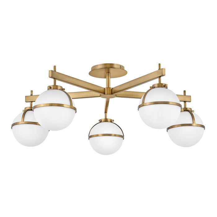 Hollis 5 Light Semi-Flush - Heritage Brass, Steel, Opal Glass