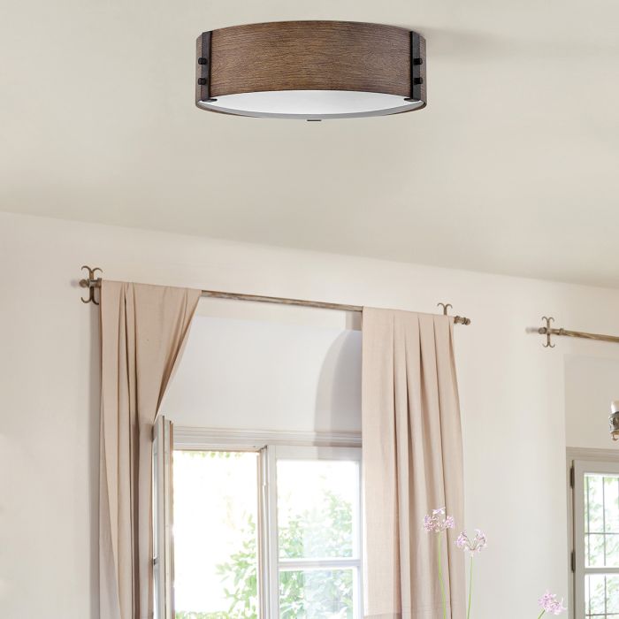 Sawyer Flush Ceiling Light - Sequoia wood effect with rust Iron accents