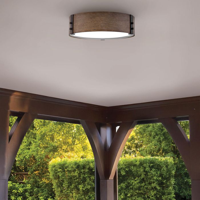 Sawyer Flush Ceiling Light - Sequoia wood effect with rust Iron accents