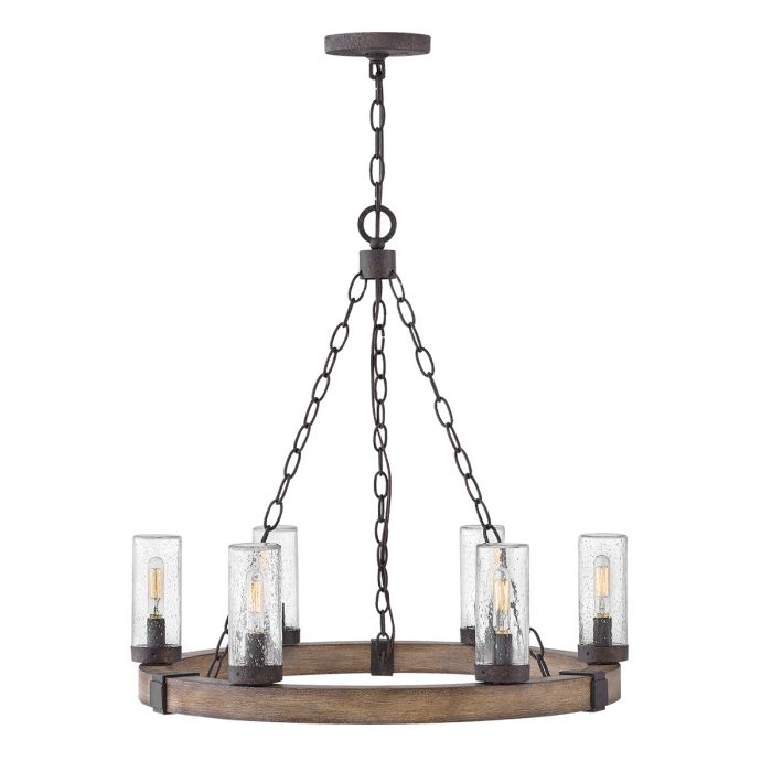 Sawyer 6 lt Exterior Chandelier - Sequoia wood effect with rust Iron accents & Clear seeded glass