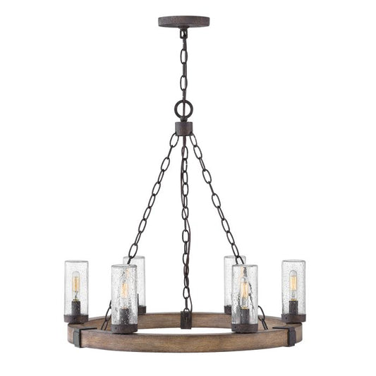 Sawyer 6 lt Exterior Chandelier - Sequoia wood effect with rust Iron accents & Clear seeded glass