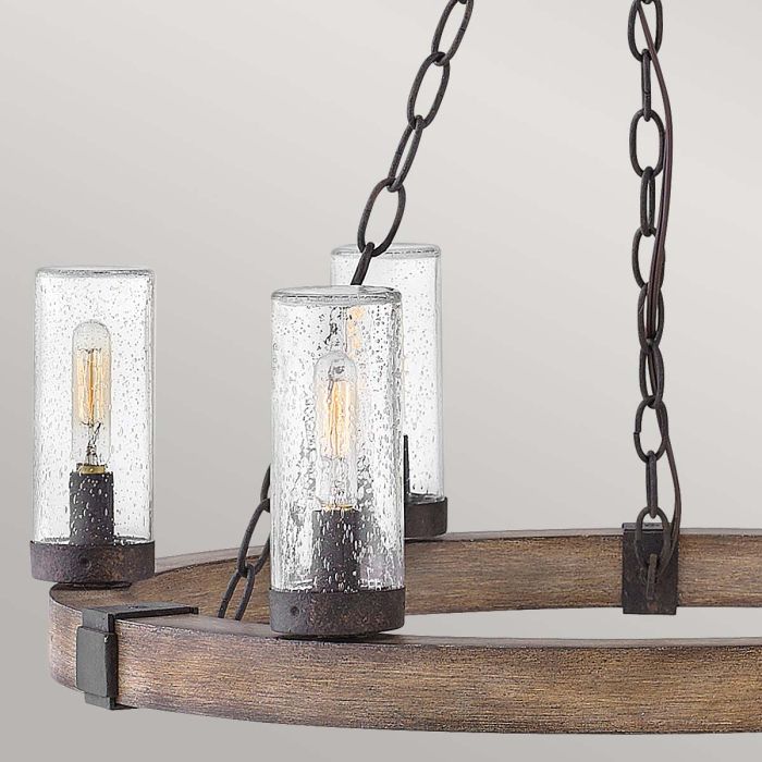 Sawyer 6 lt Exterior Chandelier - Sequoia wood effect with rust Iron accents & Clear seeded glass
