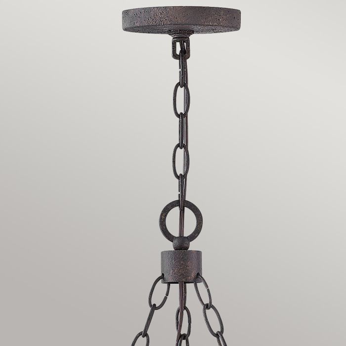 Sawyer 6 lt Exterior Chandelier - Sequoia wood effect with rust Iron accents & Clear seeded glass