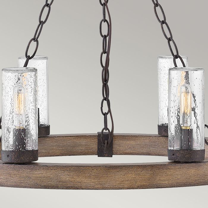 Sawyer 6 lt Exterior Chandelier - Sequoia wood effect with rust Iron accents & Clear seeded glass