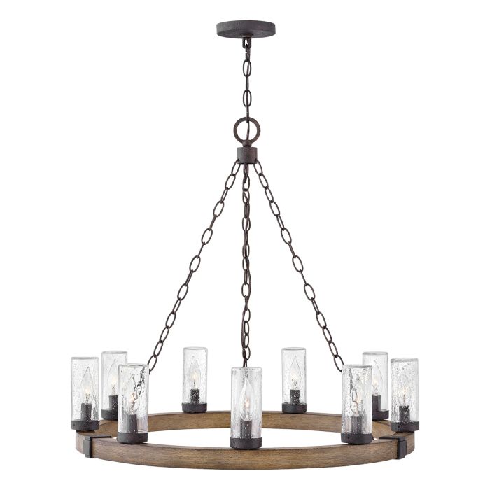 Sawyer 9 lt Exterior Chandelier - Sequoia wood effect with rust Iron accents & Clear seeded glass