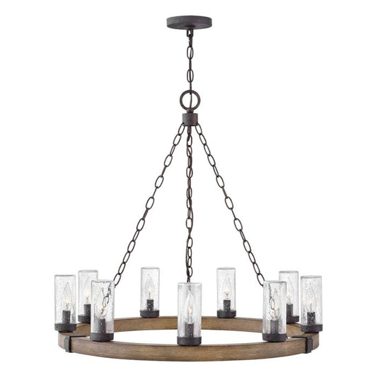 Sawyer 9 lt Exterior Chandelier - Sequoia wood effect with rust Iron accents & Clear seeded glass