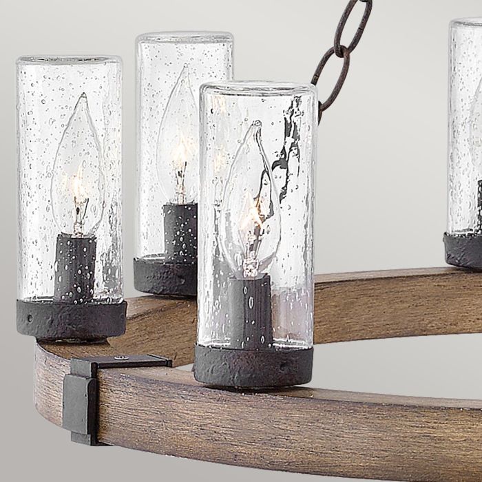 Sawyer 9 lt Exterior Chandelier - Sequoia wood effect with rust Iron accents & Clear seeded glass