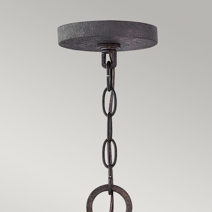 Sawyer 9 lt Exterior Chandelier - Sequoia wood effect with rust Iron accents & Clear seeded glass