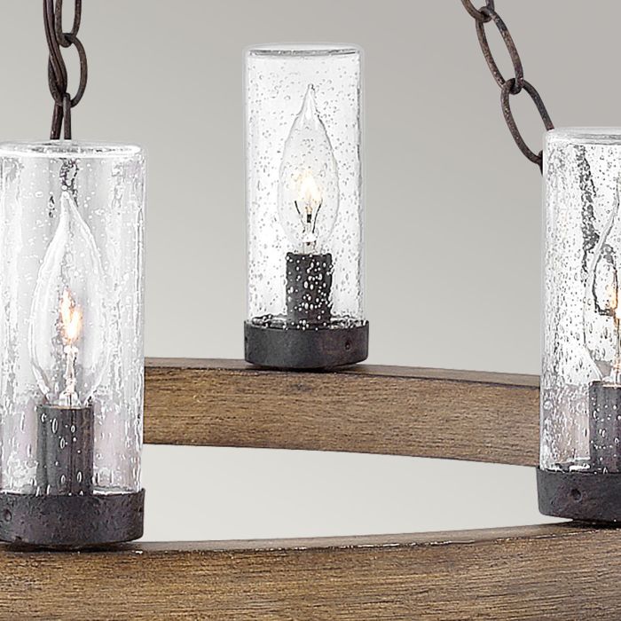 Sawyer 9 lt Exterior Chandelier - Sequoia wood effect with rust Iron accents & Clear seeded glass