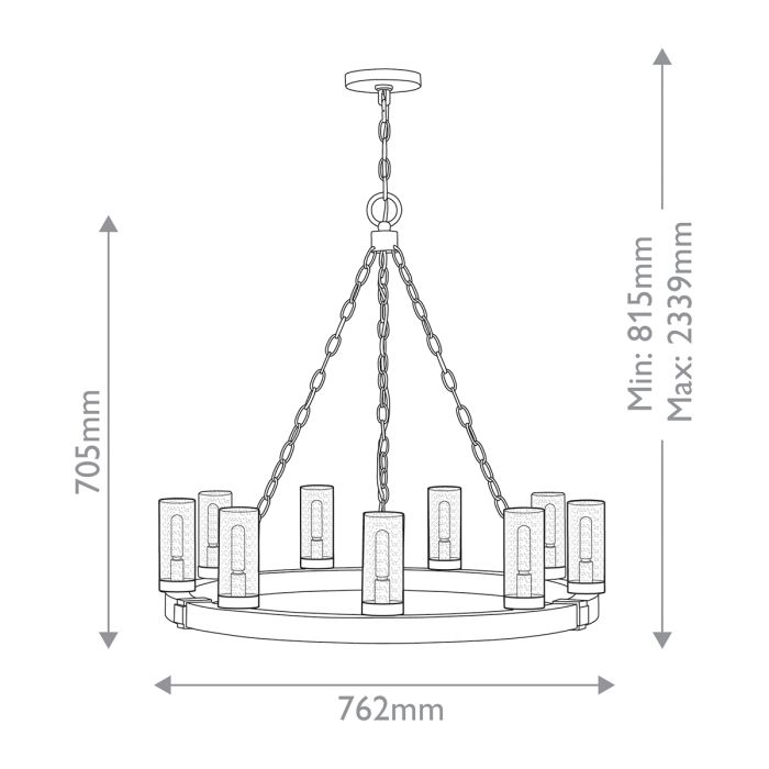 Sawyer 9 lt Exterior Chandelier - Sequoia wood effect with rust Iron accents & Clear seeded glass