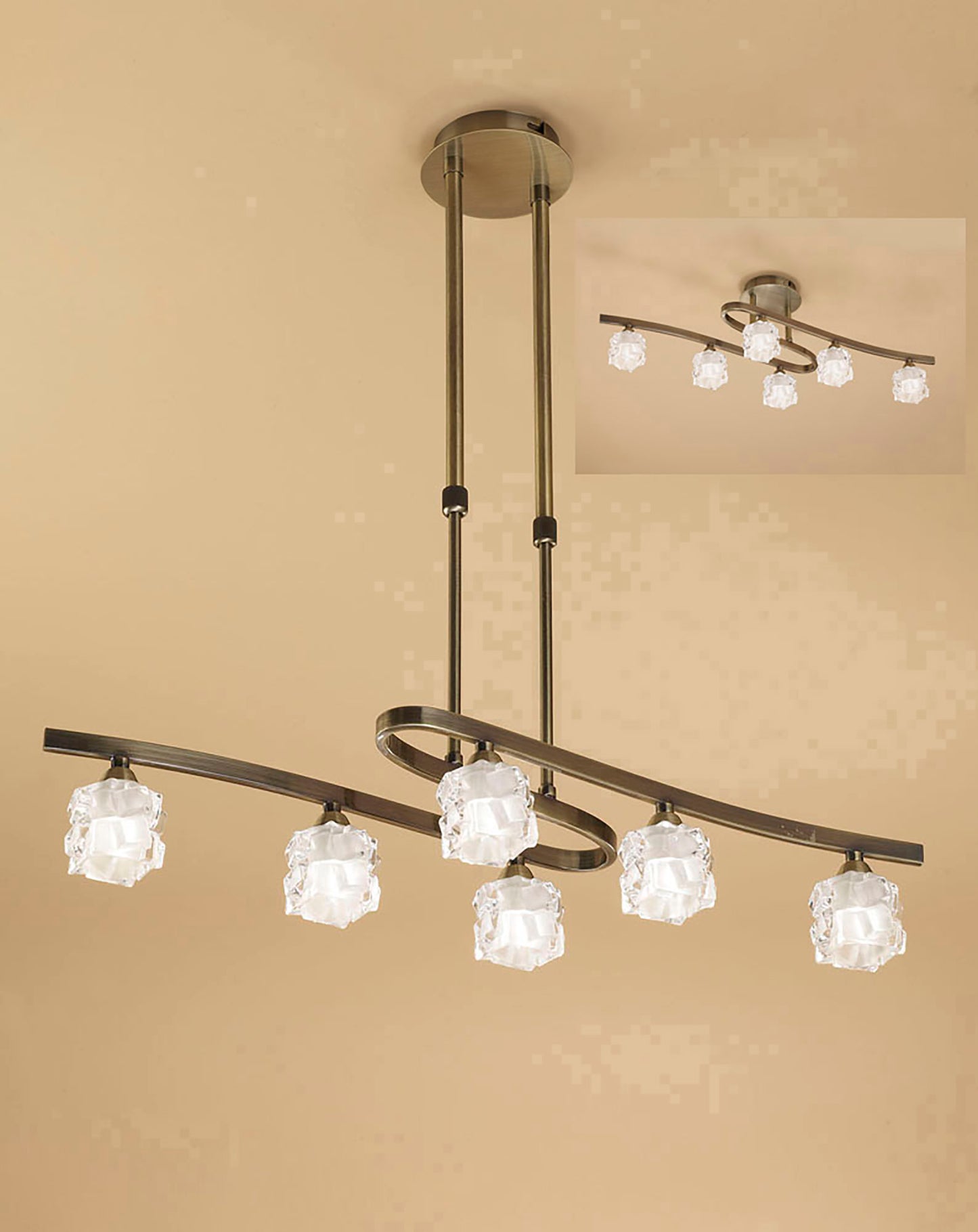 Ice Rectangular Telescopic Convertible To Semi Flush 6 Light G9 ECO, Antique Brass by Mantra