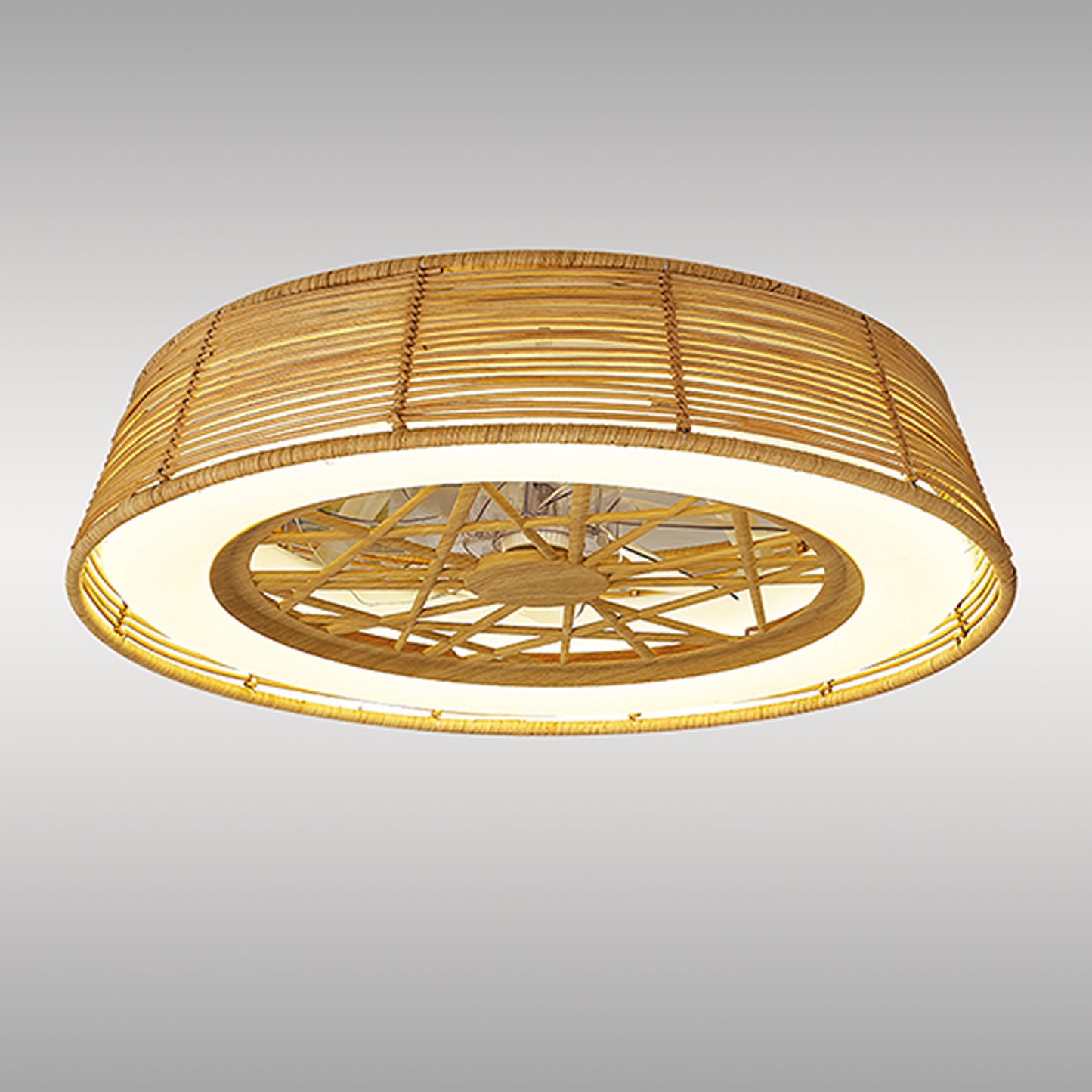 Indonesia 70W LED Dimmable Ceiling Light With Built-In 35W DC Reversible Fan, Beige Rattan, 4200lm, 5yrs Warranty by Mantra