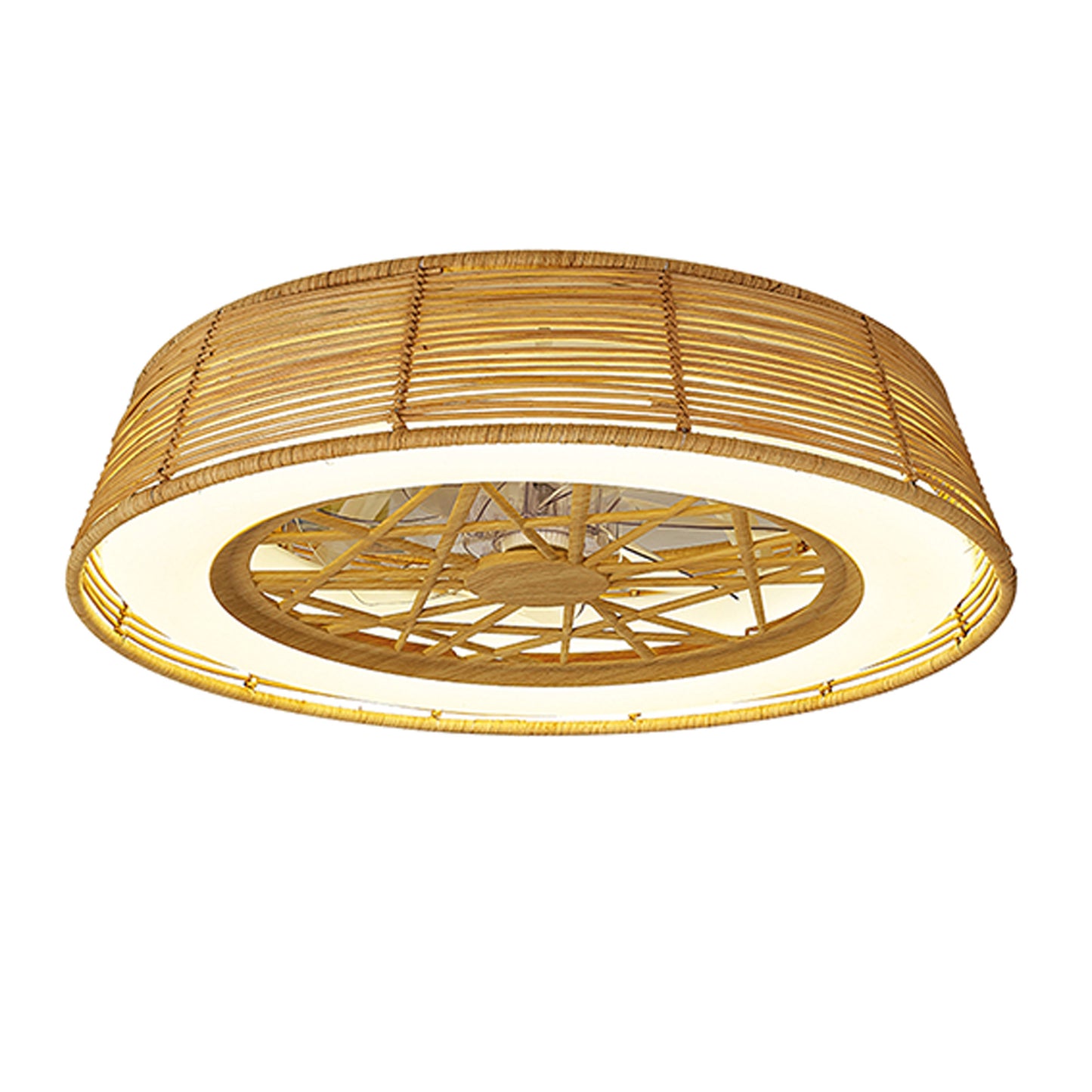 Indonesia 70W LED Dimmable Ceiling Light With Built-In 35W DC Reversible Fan, Beige Rattan, 4200lm, 5yrs Warranty by Mantra