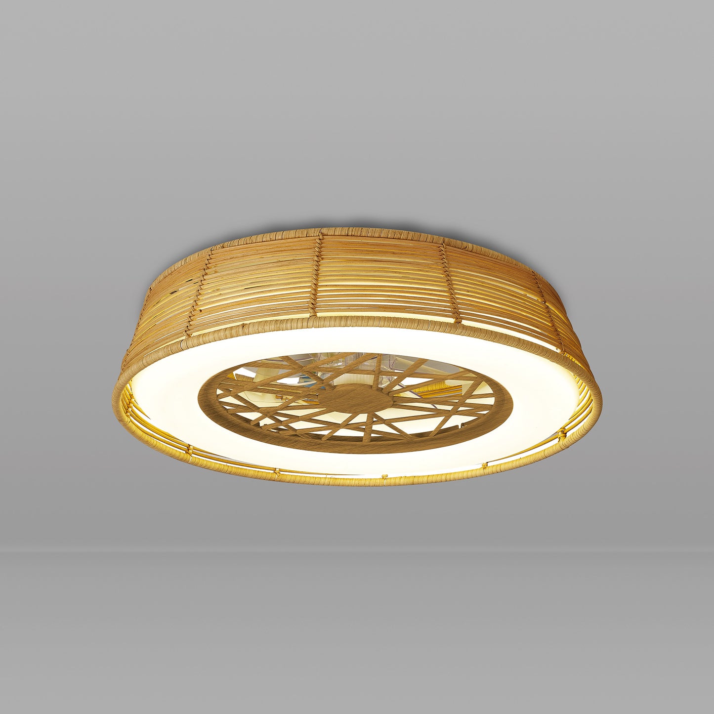 Indonesia Mini 55W LED Dimmable Ceiling Light With Built-In 25W DC Reversible Fan, Beige Rattan, 3800lm, 5yrs Warranty by Mantra