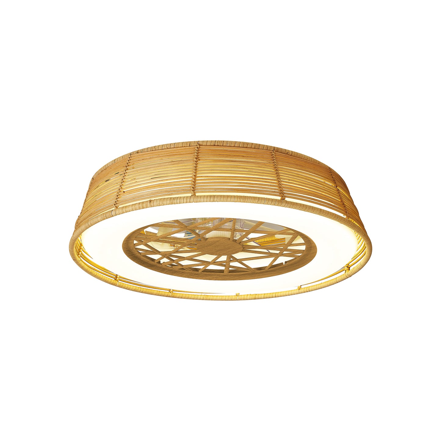 Indonesia Mini 55W LED Dimmable Ceiling Light With Built-In 25W DC Reversible Fan, Beige Rattan, 3800lm, 5yrs Warranty by Mantra