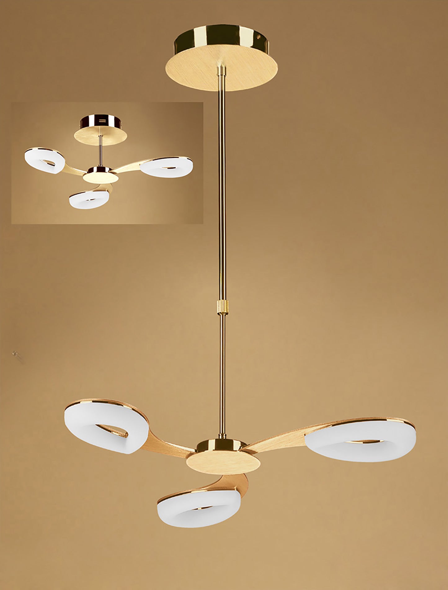 Juno Telescopic Convertible To Semi Flush 3 Light 15W LED 3000K, 1350lm, Satin Gold/Frosted Acrylic/Gold, 3yrs Warranty by Mantra