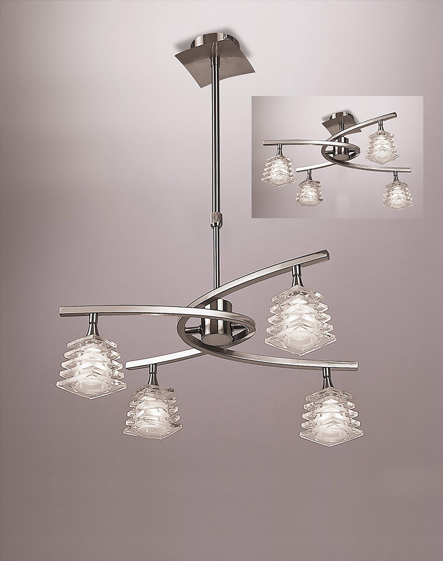 Keops Telescopic Pendant Convertible To Semi Flush 4 Light G9, Satin Nickel by Mantra