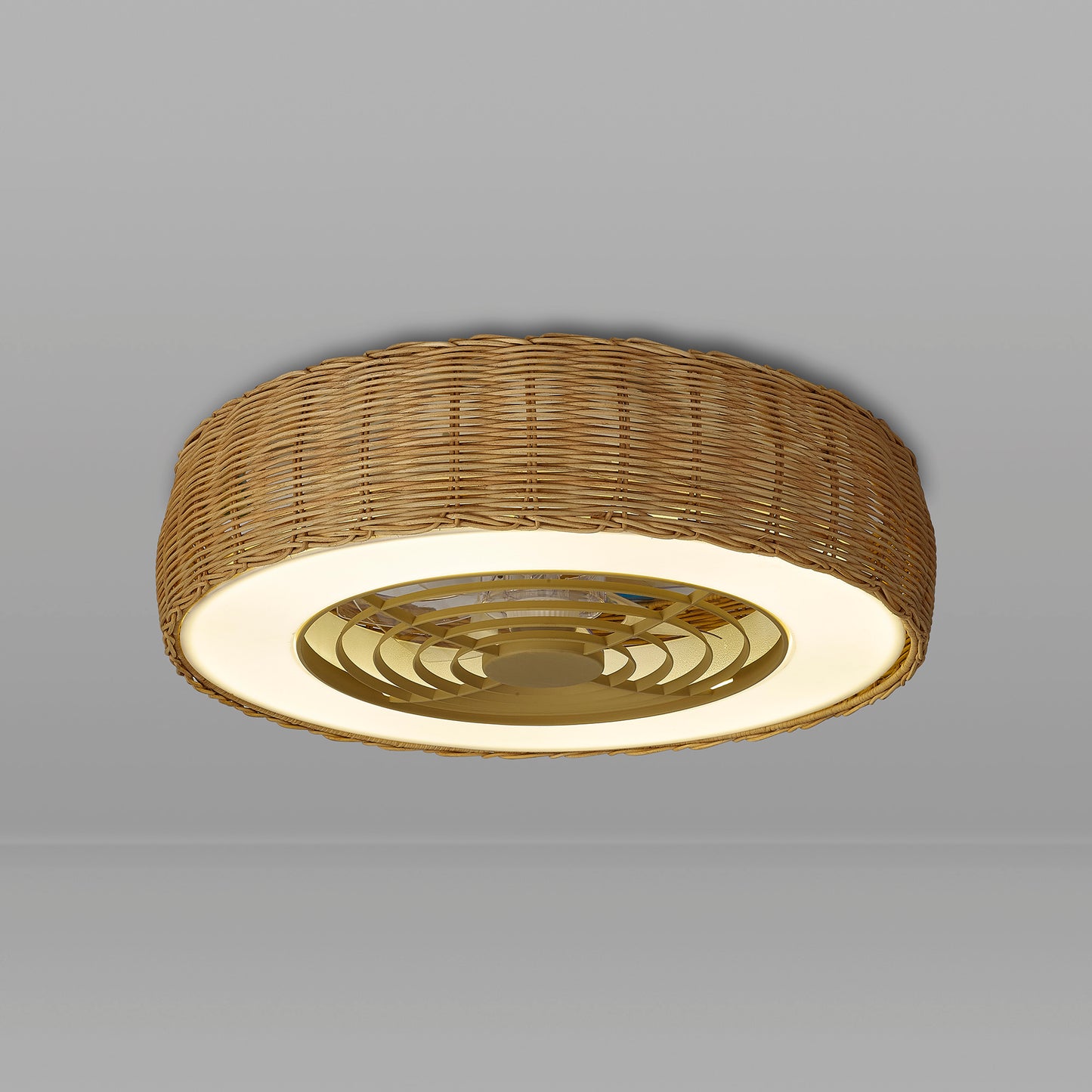 Kilimanjaro Mini 55W LED Dimmable Ceiling Light With 25W DC Reversible Fan, 3800lm, Beige Rattan, 5yrs Warranty by Mantra