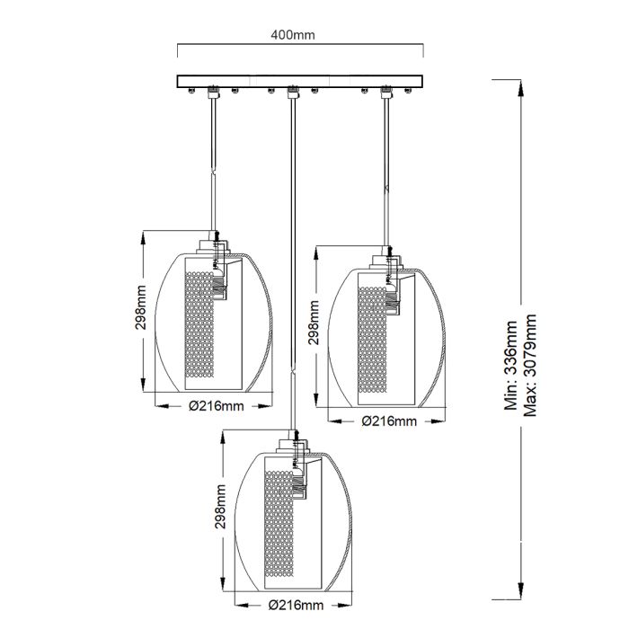 Asher 3 Light Pendant Circle - Antique Pewter