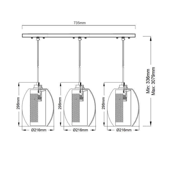 Asher 3 Light Pendant Rectangle - Antique Pewter