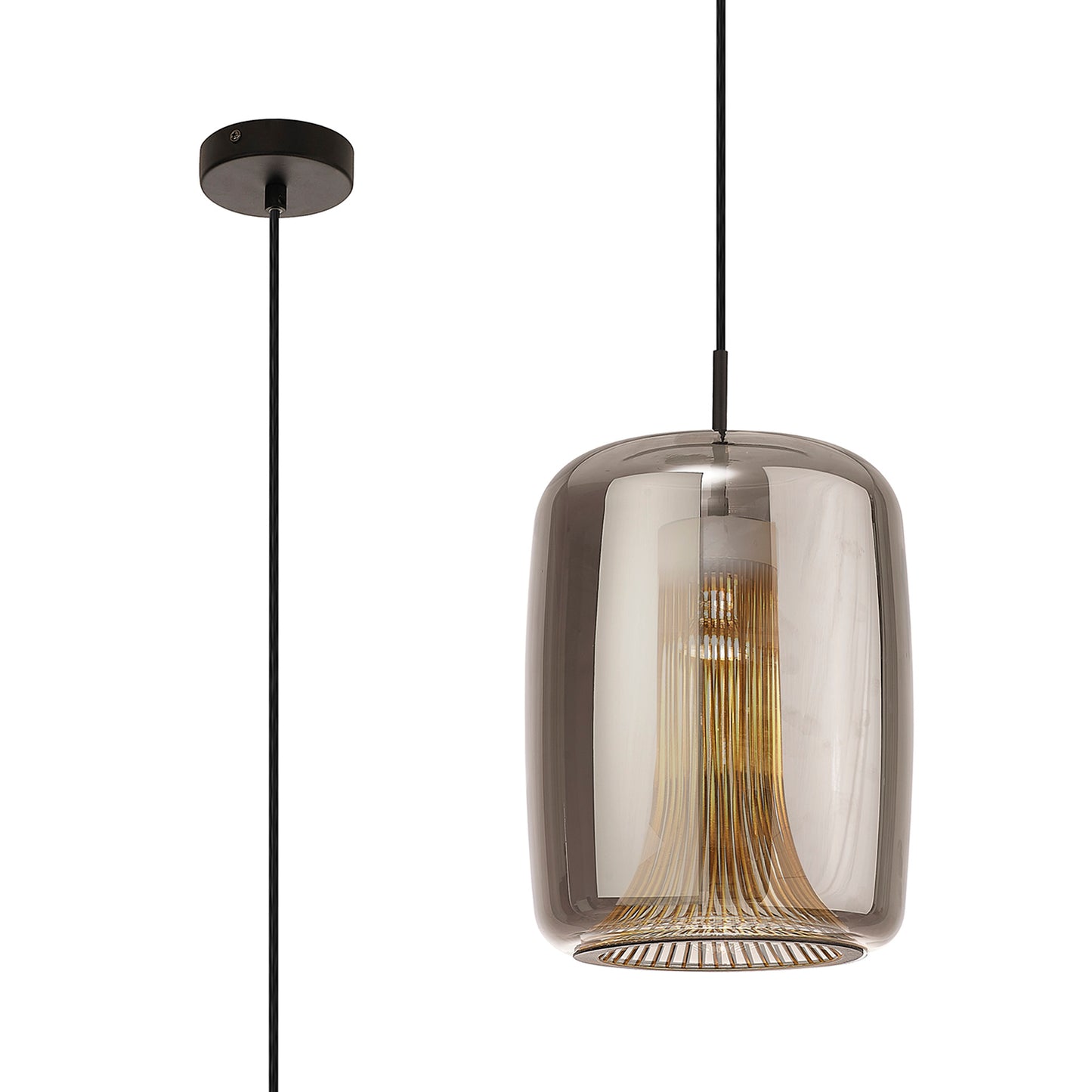 Kriss Cylinder Pendant, 1 Light GU10, Black/Black Glass Shade With Inner Lined Funnel Glass by Mantra