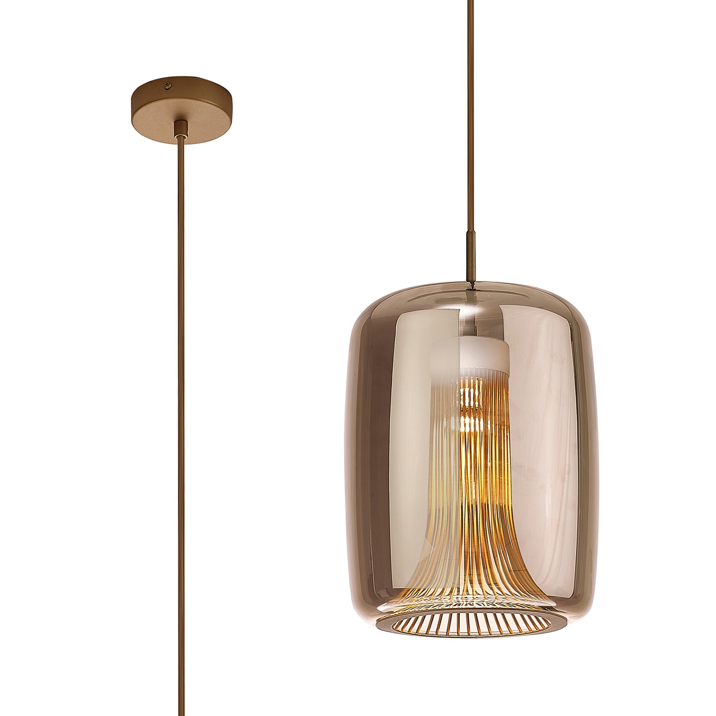 Kriss Cylinder Pendant, 1 Light GU10, Bronze/Bronze Glass Shade With Inner Lined Funnel Glass by Mantra