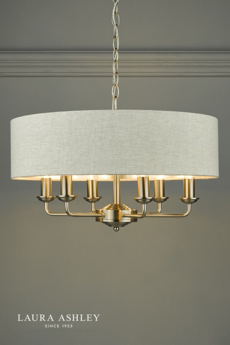 Laura Ashley Sorrento 6 Light Pendant Satin Nickel With Natural Shade