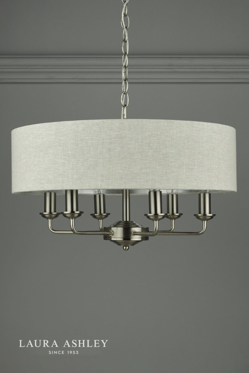 Laura Ashley Sorrento 6 Light Pendant Satin Nickel With Natural Shade