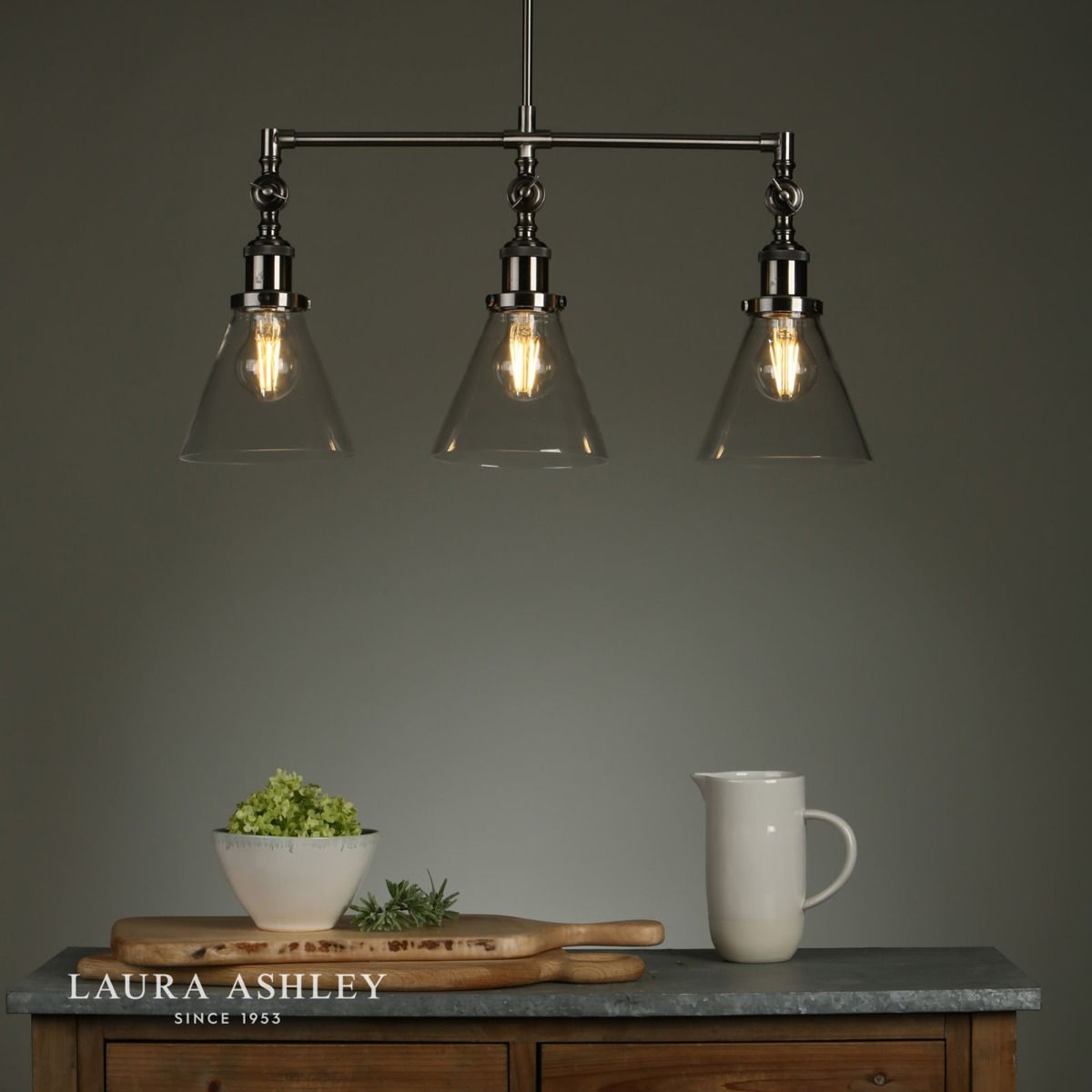 Laura Ashley Isaac 3lt Bar Pendant Satin Nickel Glass