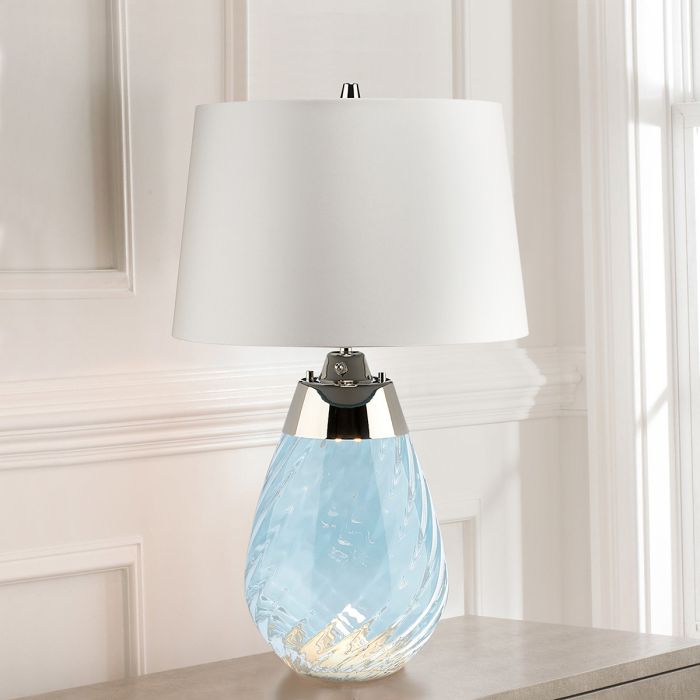 Lena 2 Light Small Blue Table Lamp with Off-white Shade - Blue-tinted Glass / Off-White Shade
