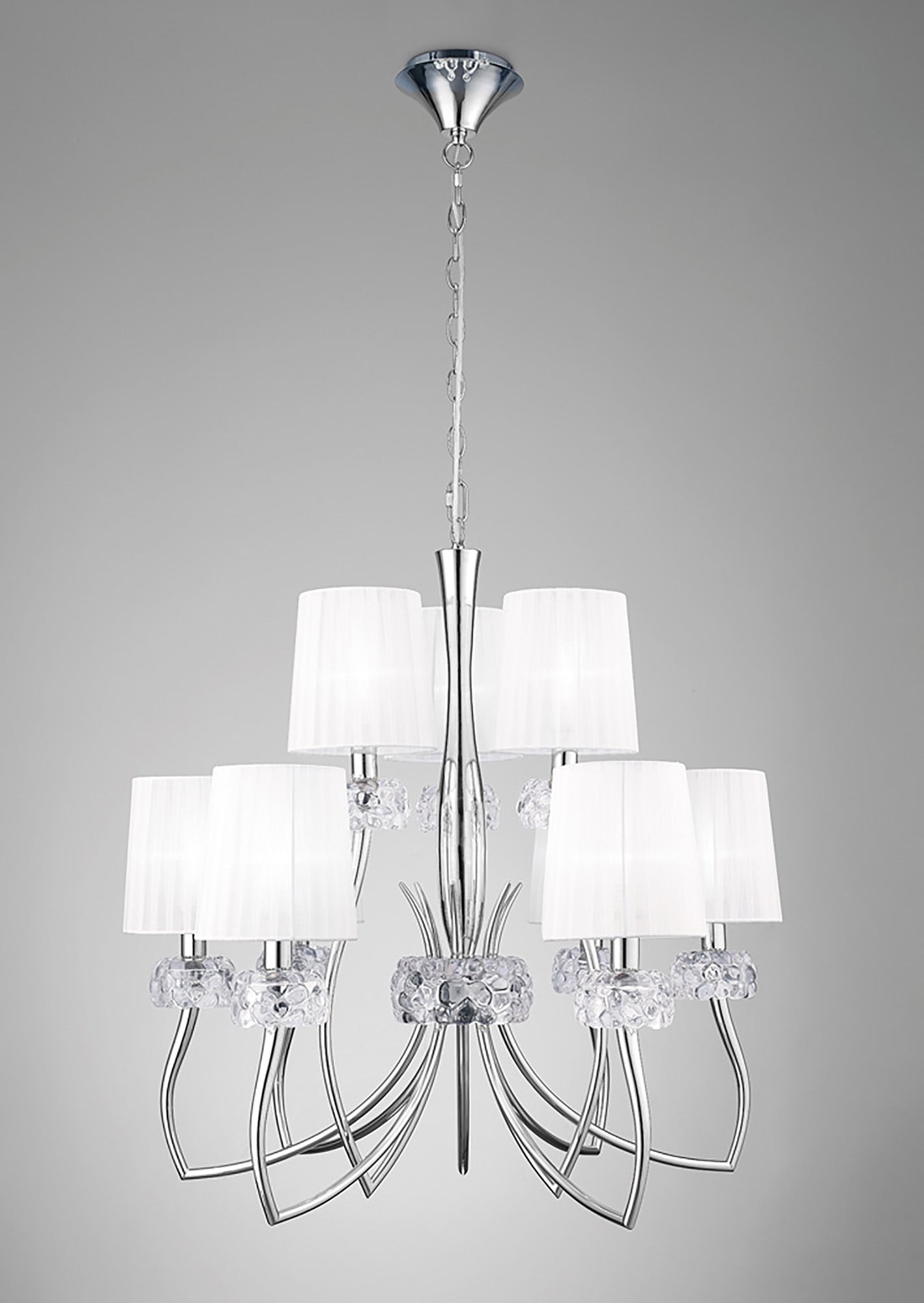 Loewe 2 Tier Pendant 6+3 Light E14, Polished Chrome With White Shades by Mantra