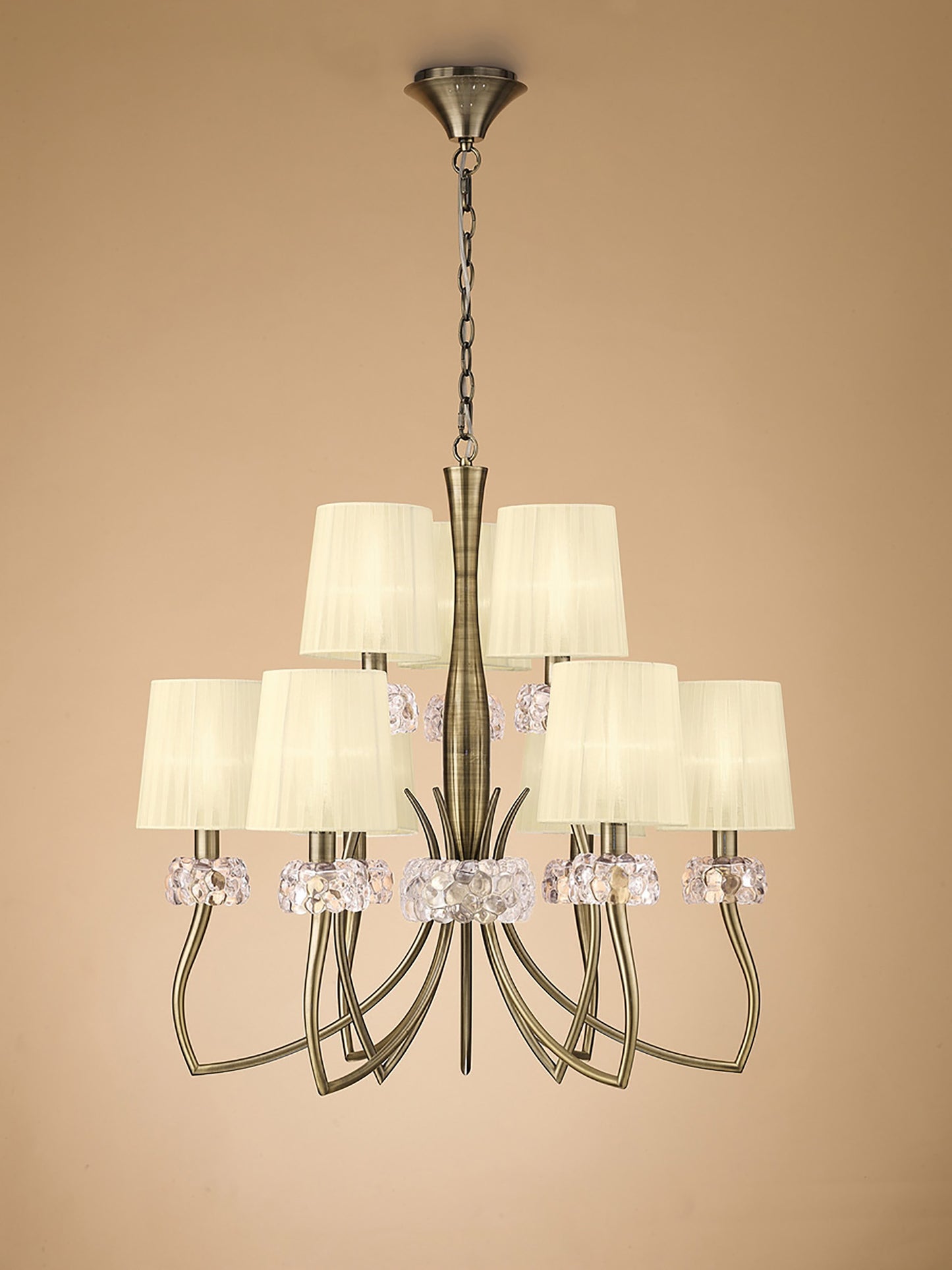 Loewe 2 Tier Pendant 6+3 Light E14, Antique Brass With Cream Shades by Mantra