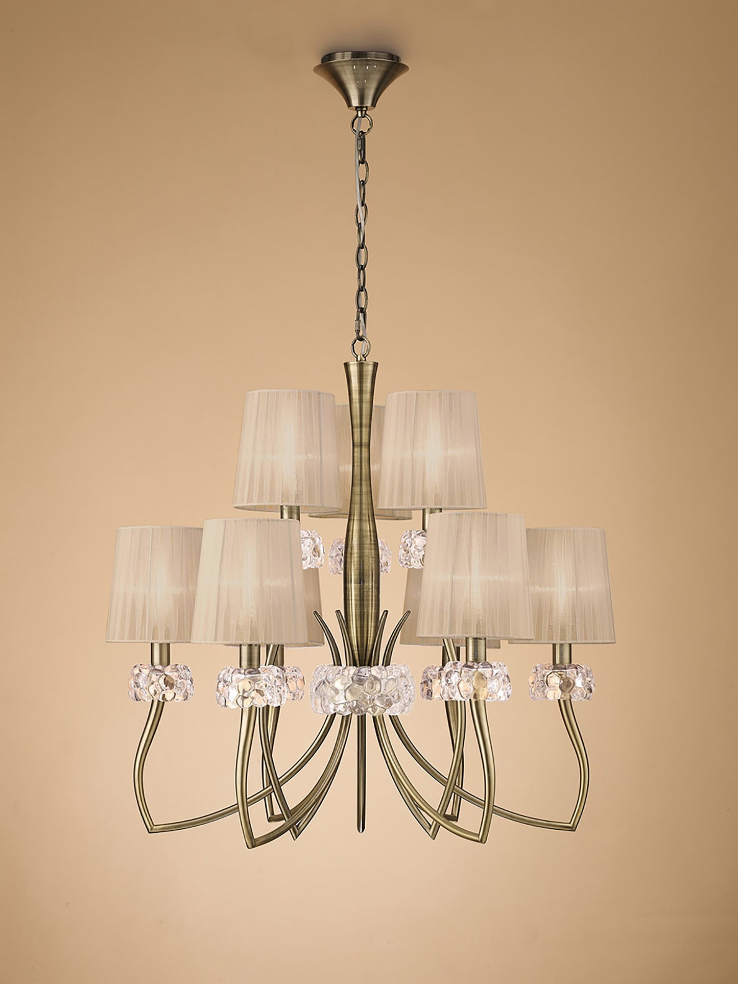 Loewe 2 Tier Pendant 6+3 Light E14, Antique Brass With Soft Bronze Shades by Mantra