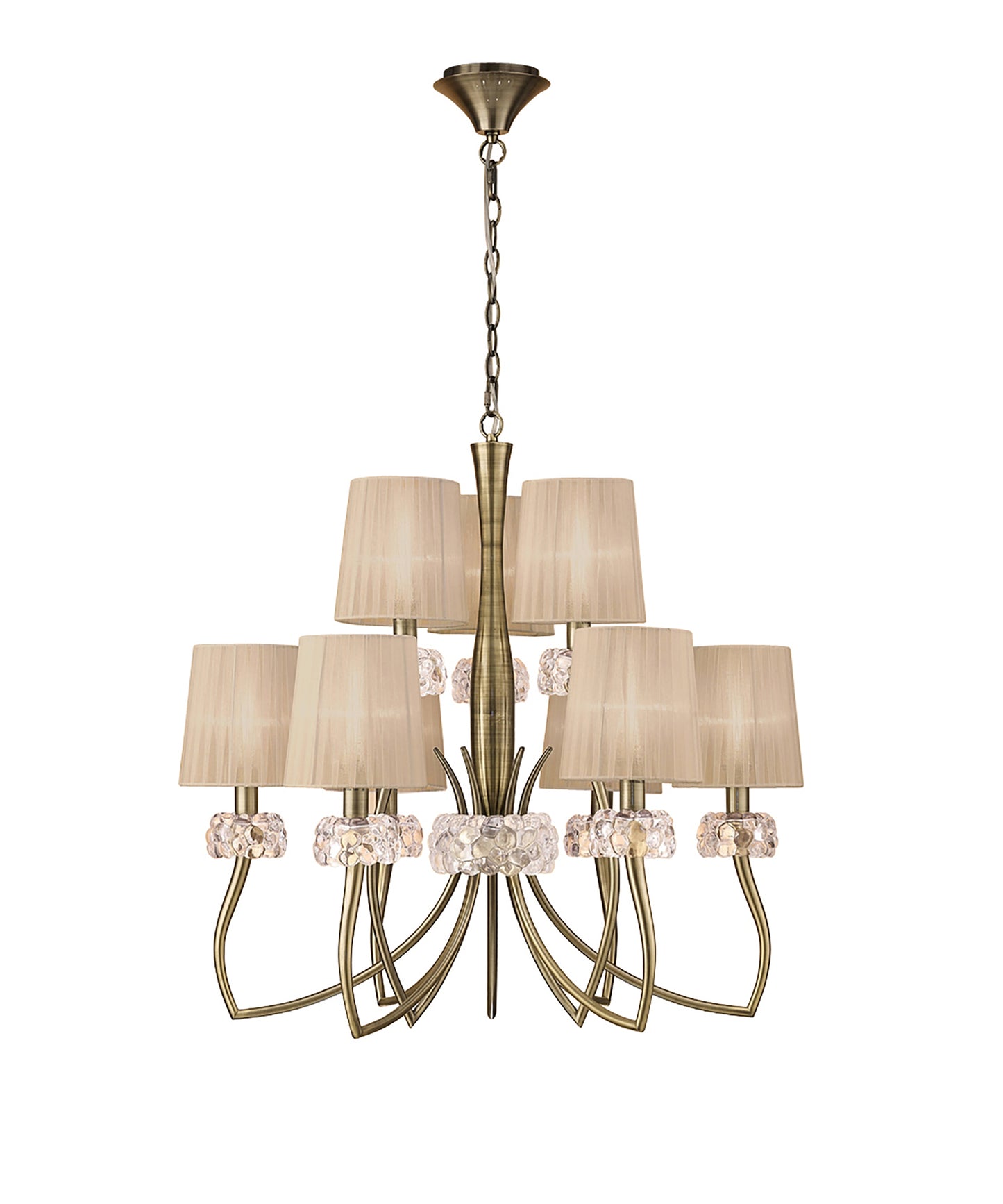 Loewe 2 Tier Pendant 6+3 Light E14, Antique Brass With Soft Bronze Shades by Mantra