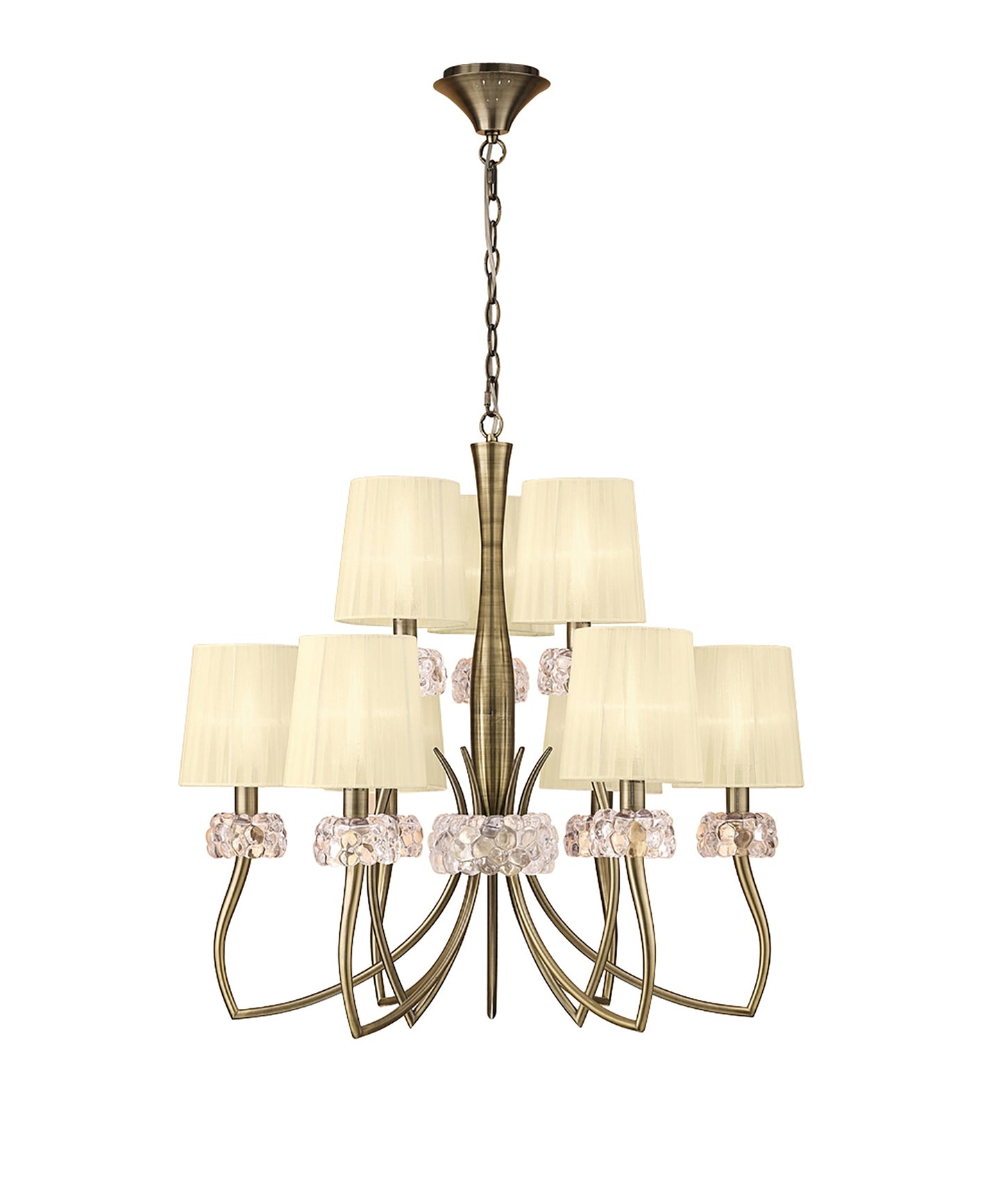 Loewe 2 Tier Pendant 6+3 Light E14, Antique Brass With Cream Shades by Mantra