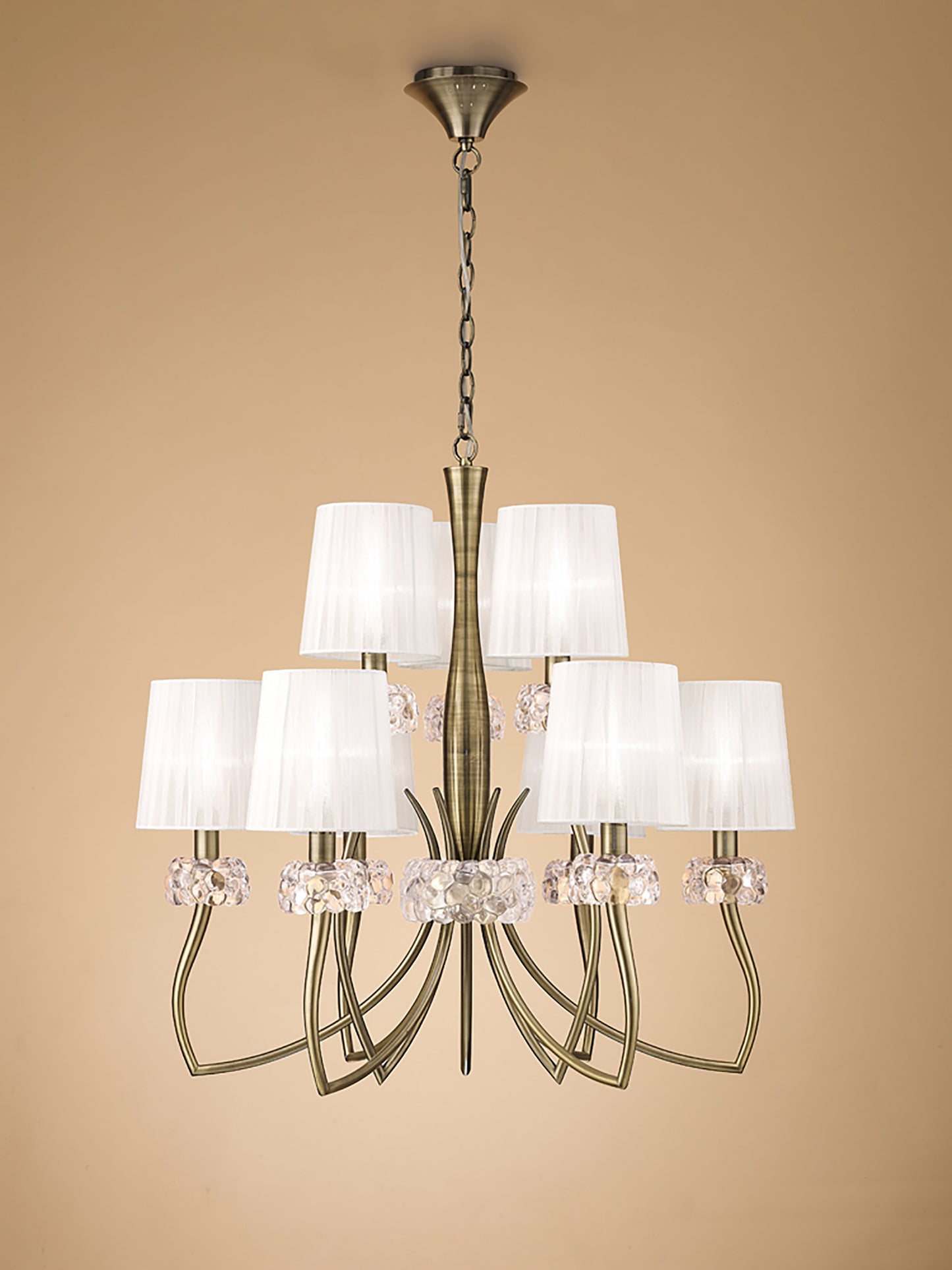 Loewe 2 Tier Pendant 6+3 Light E14, Antique Brass With White Shades (4730) by Mantra