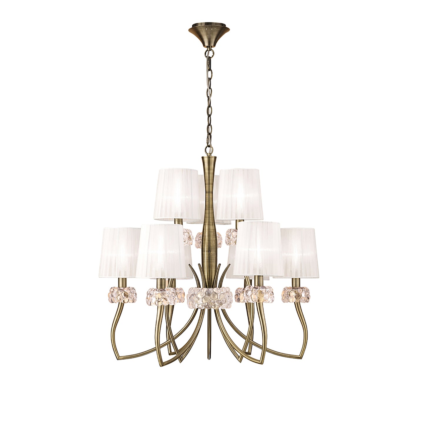 Loewe 2 Tier Pendant 6+3 Light E14, Antique Brass With White Shades (4730) by Mantra